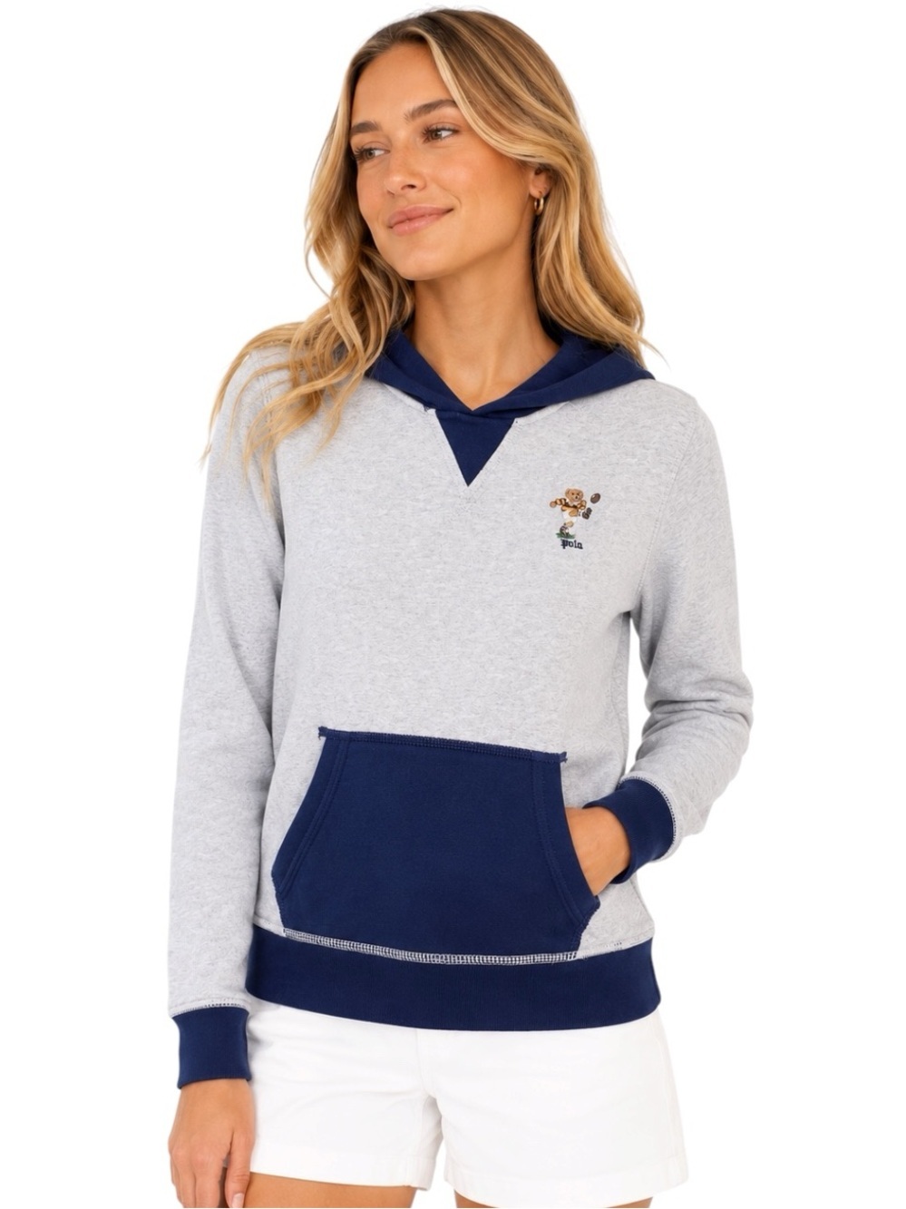 Polo Ralph Lauren Kicker Bear Cotton Hoodie Sweatshirt Football Gray Size S/M
